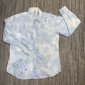 Dragonfly Mens Size 2XL XXL Blue White Embroidered Long Sleeve Button Down Shirt